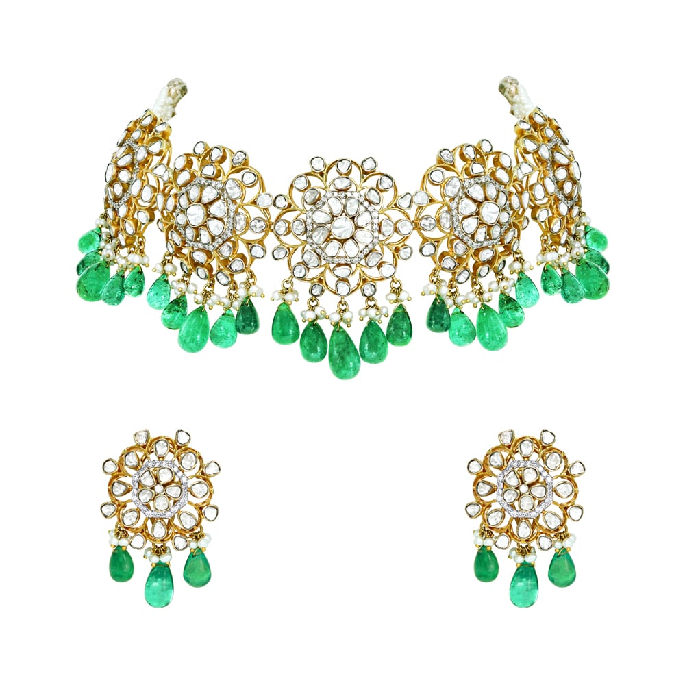 Polki Choker Set with Emerald Drops and Floral Motifs
